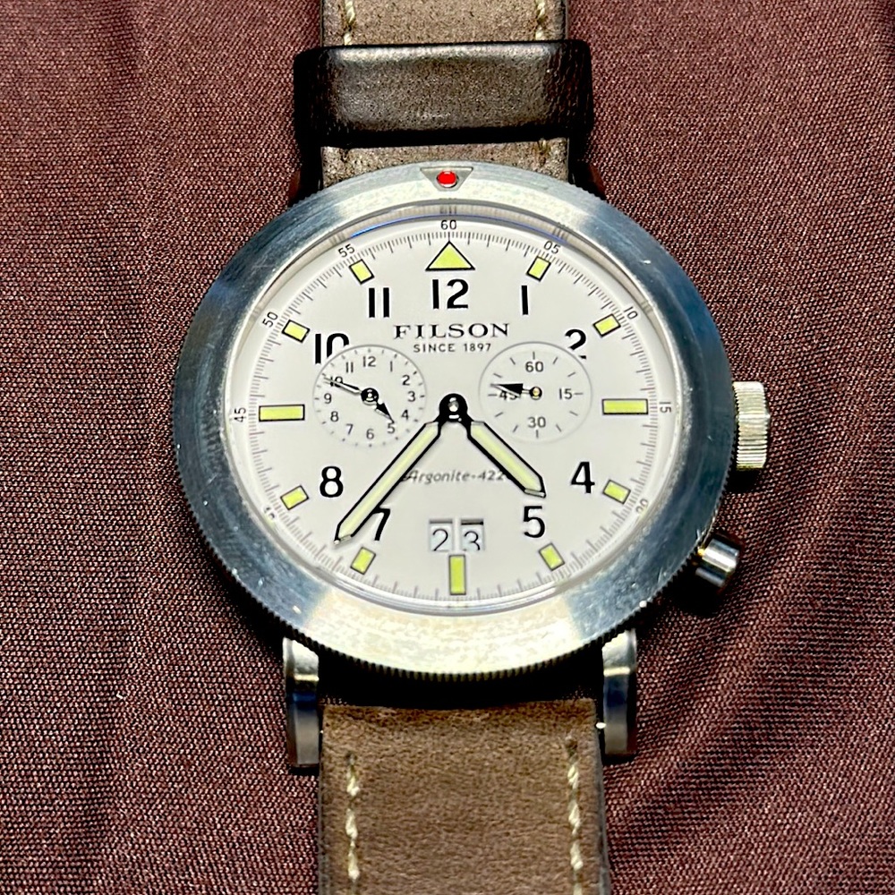 Filson x Shinola Scout Dual Time Argonite 4220 movement watch